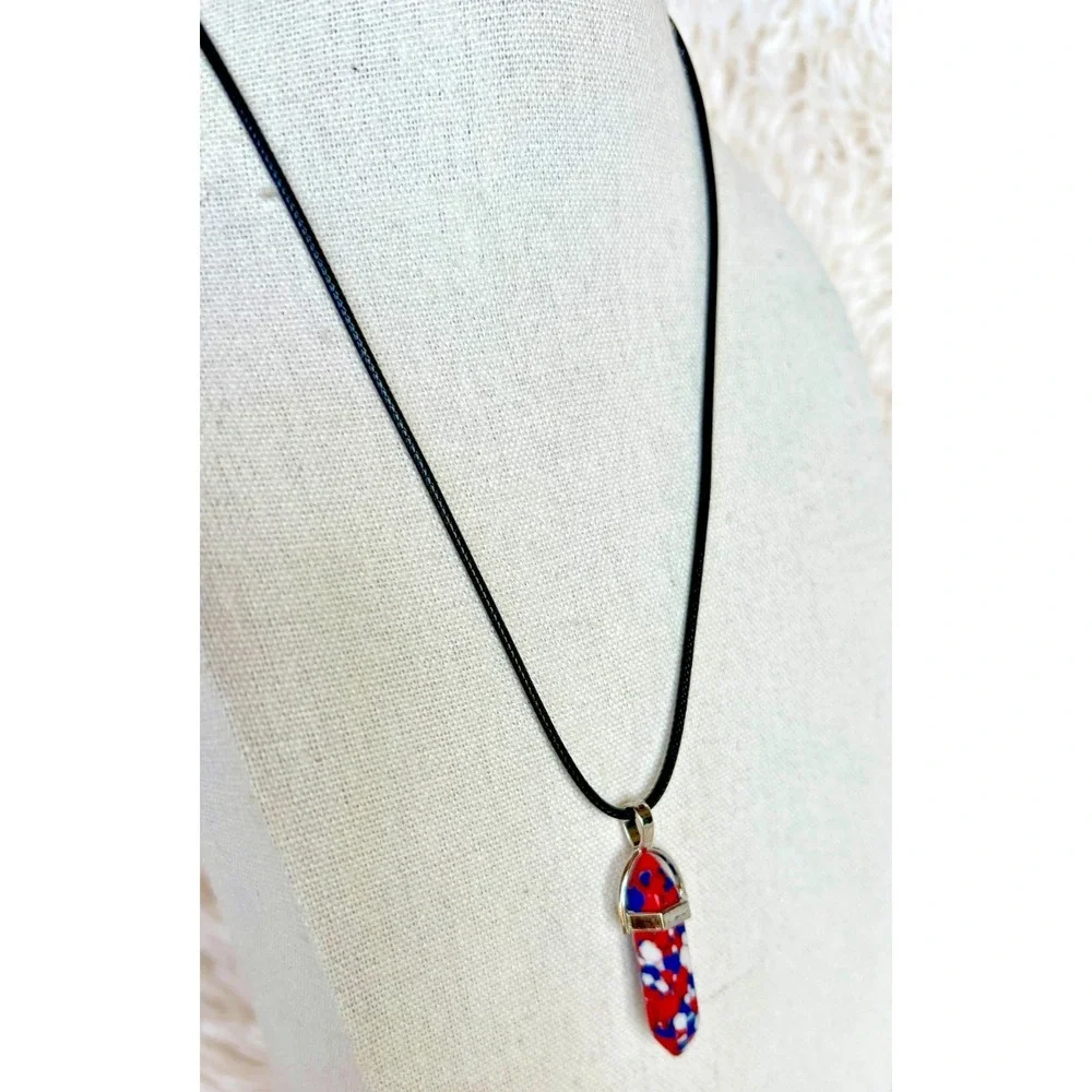 Red White Blue Stone Pendant Necklace Patriotic USA Americana Cord 250 Birthday‎